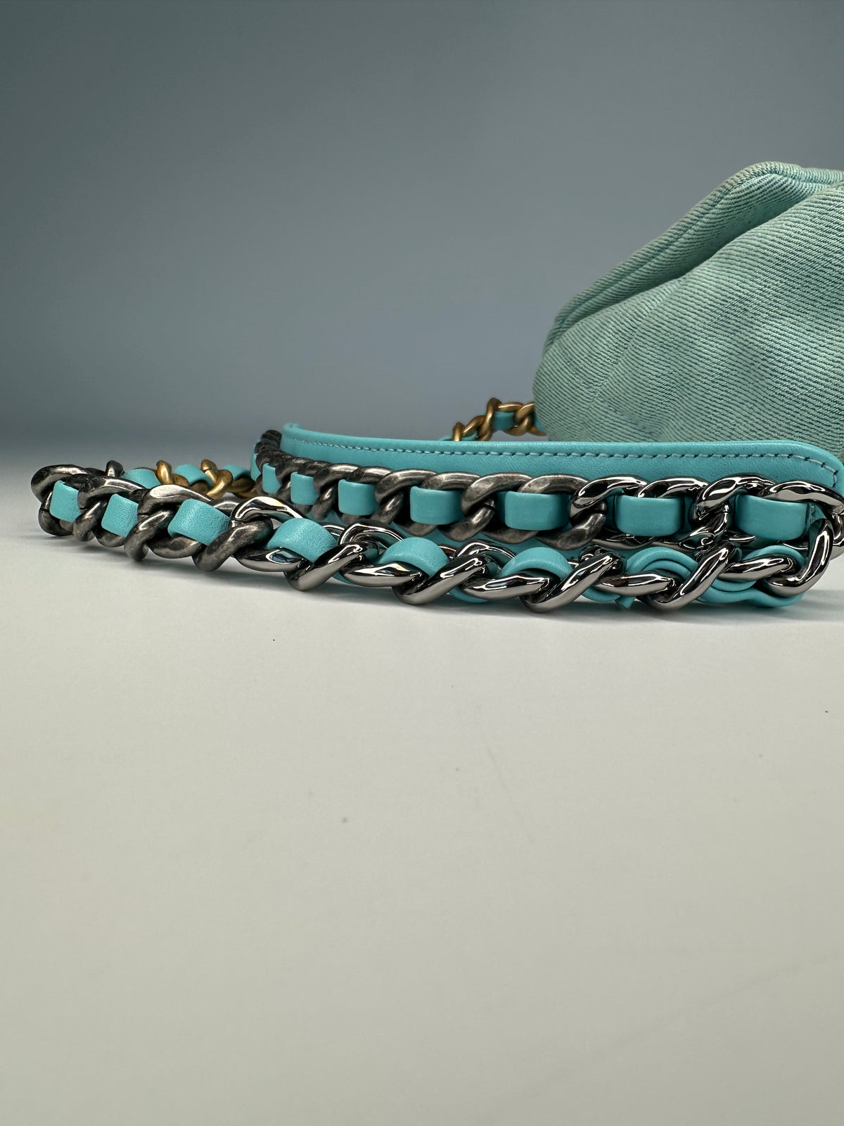 ChanelLight Blue Quilted Denim & Turquoise Lambskin Leather Small 19 Flap Bag