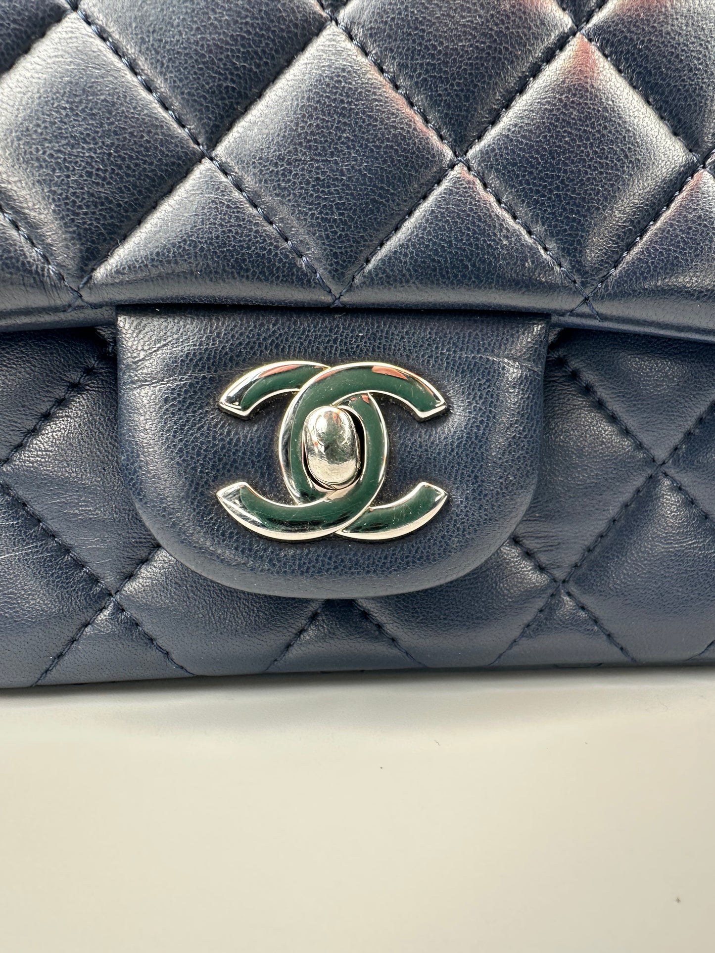 Chanel Mini Classic Square Single Flap Crossbody Lambskin Leather Navy Blue