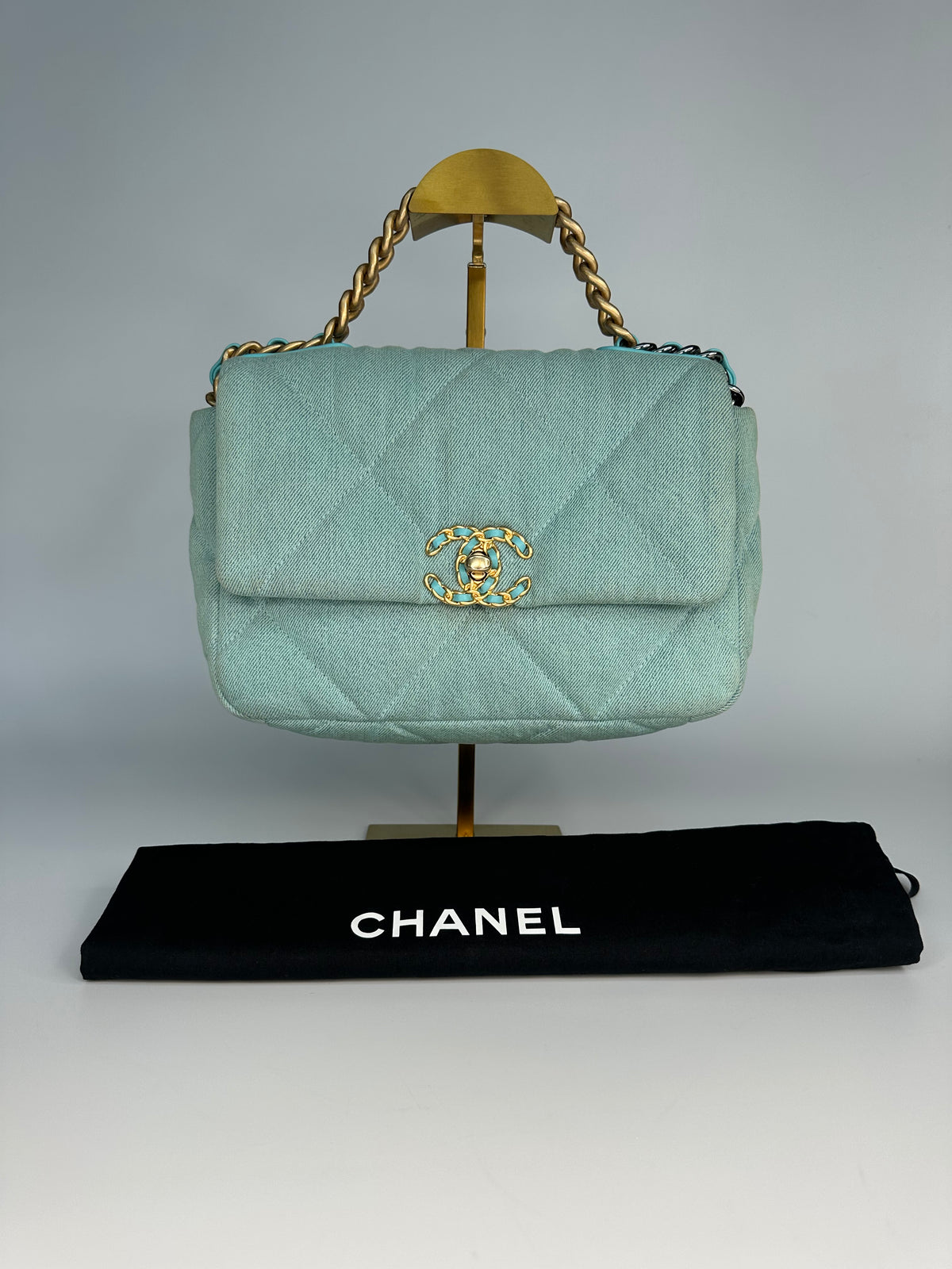 ChanelLight Blue Quilted Denim & Turquoise Lambskin Leather Small 19 Flap Bag