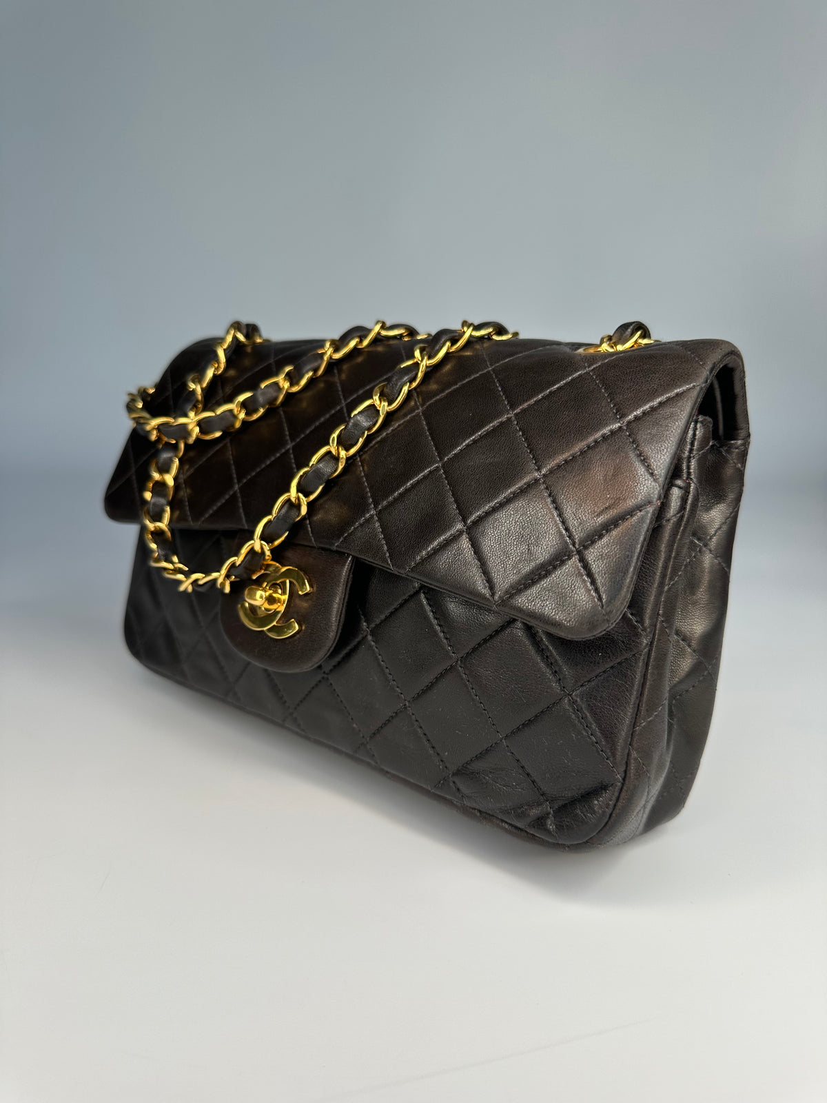Chanel Black (Chocolate Brown Patina) Lambskin Small Classic Double Flap Bag