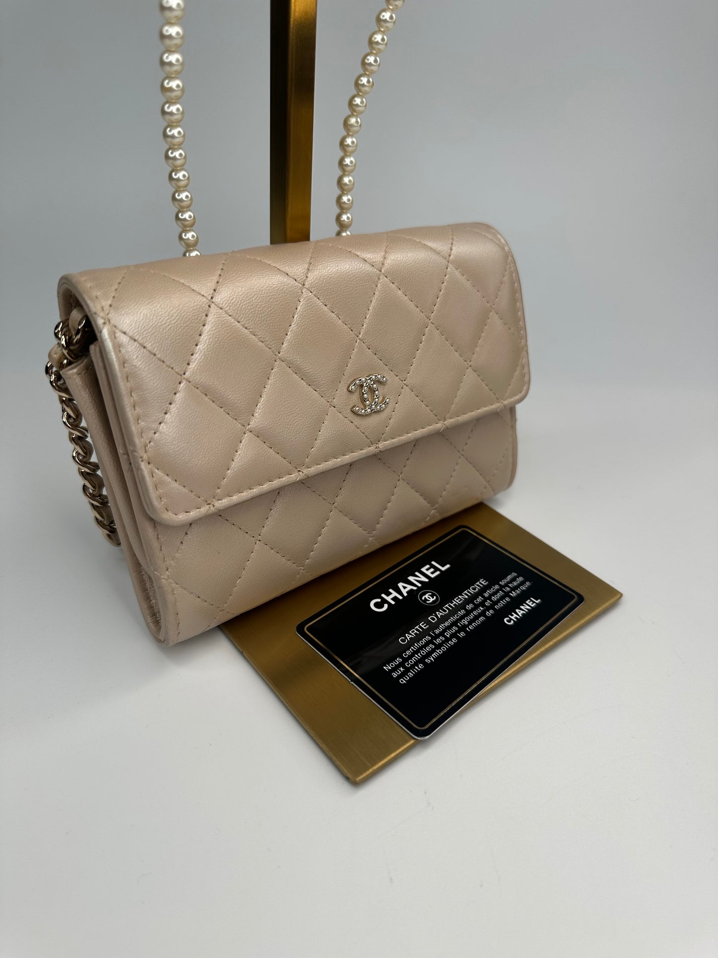Chanel Lambskin Quilted Pearl Clutch With Chain Bag