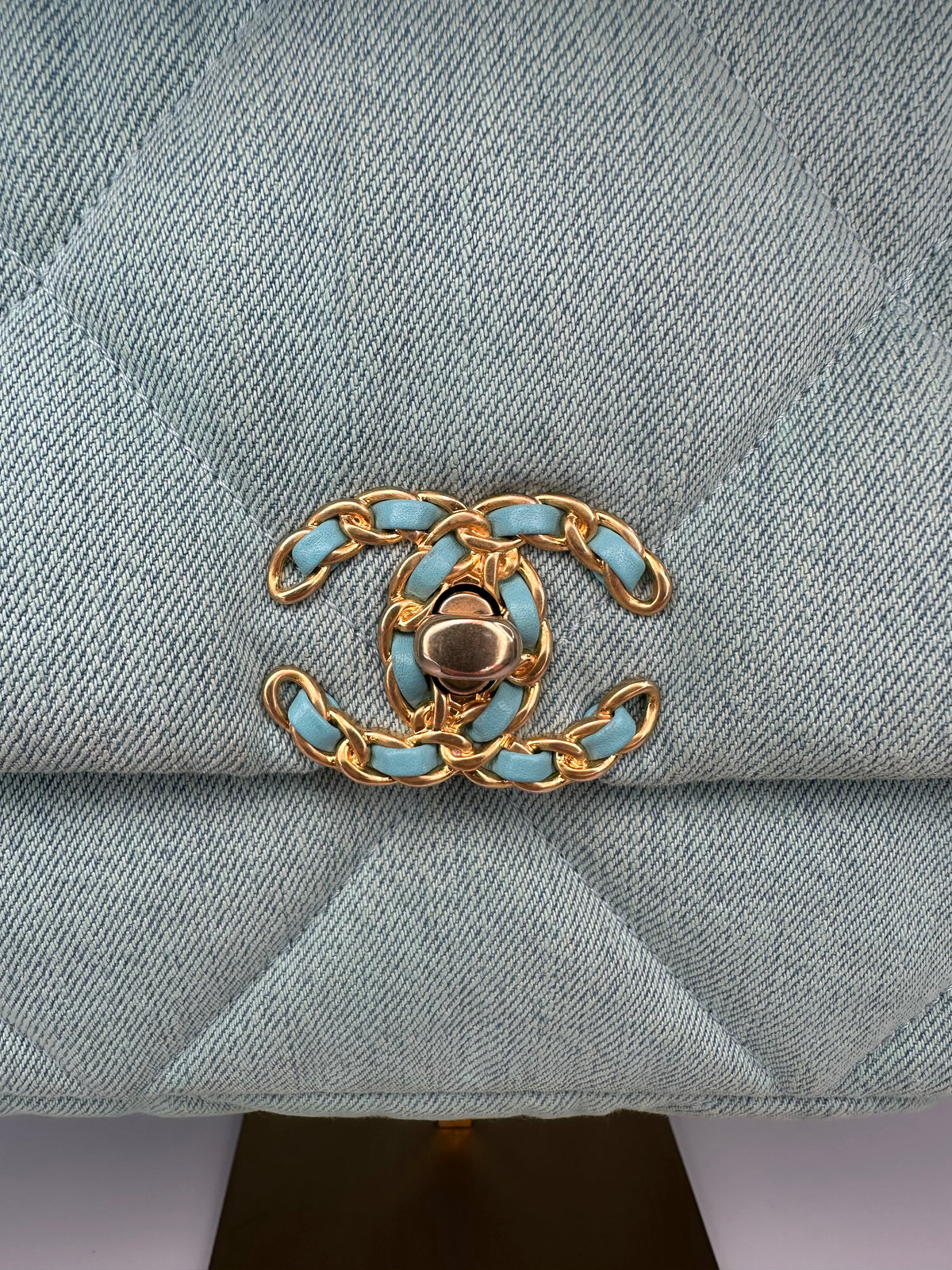 ChanelLight Blue Quilted Denim & Turquoise Lambskin Leather Small 19 Flap Bag
