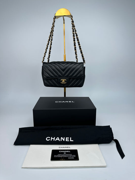 Chanel Chevron Single Flap Mini Black Leather Shoulder Bag