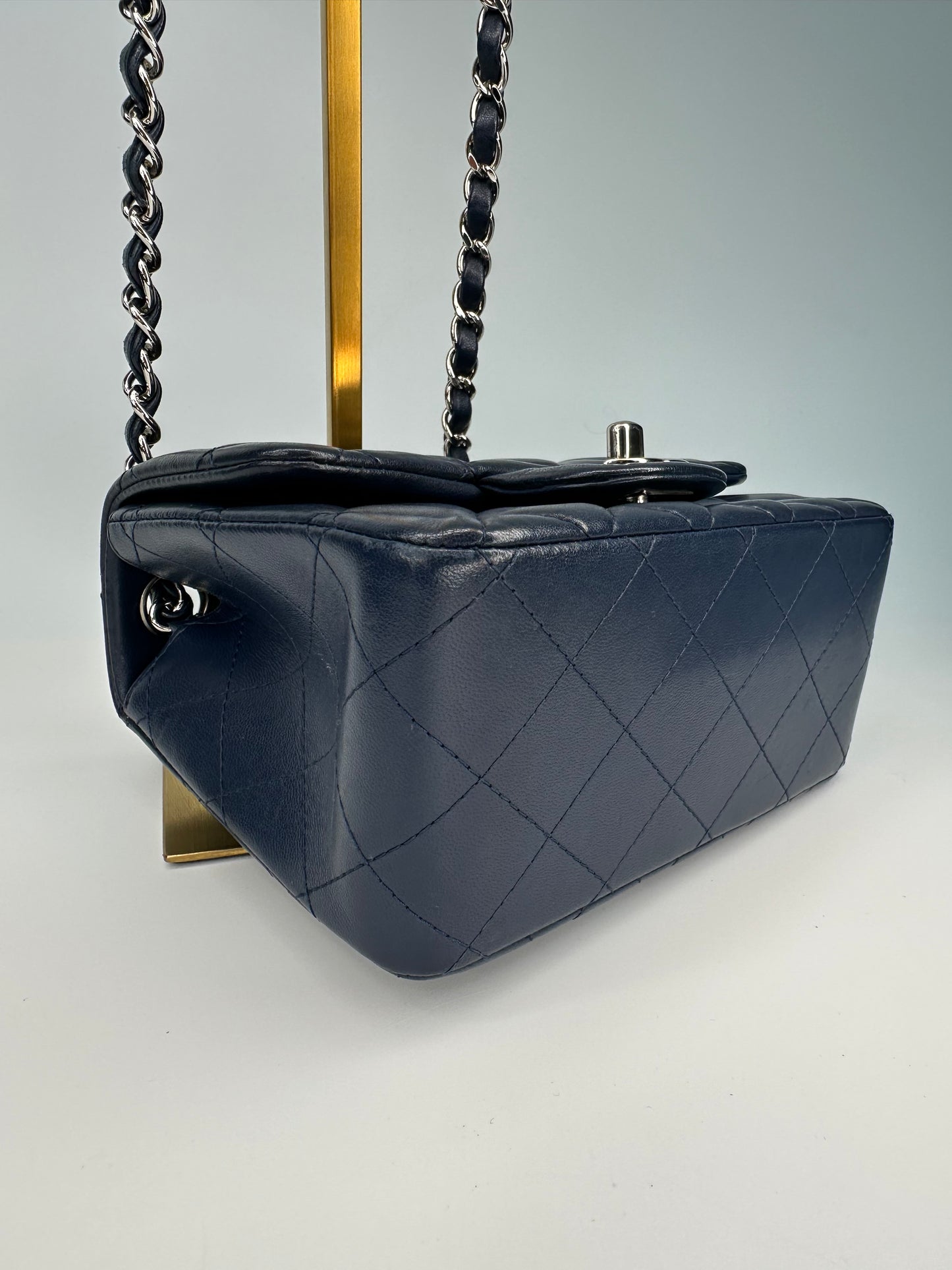 Chanel Mini Classic Square Single Flap Crossbody Lambskin Leather Navy Blue