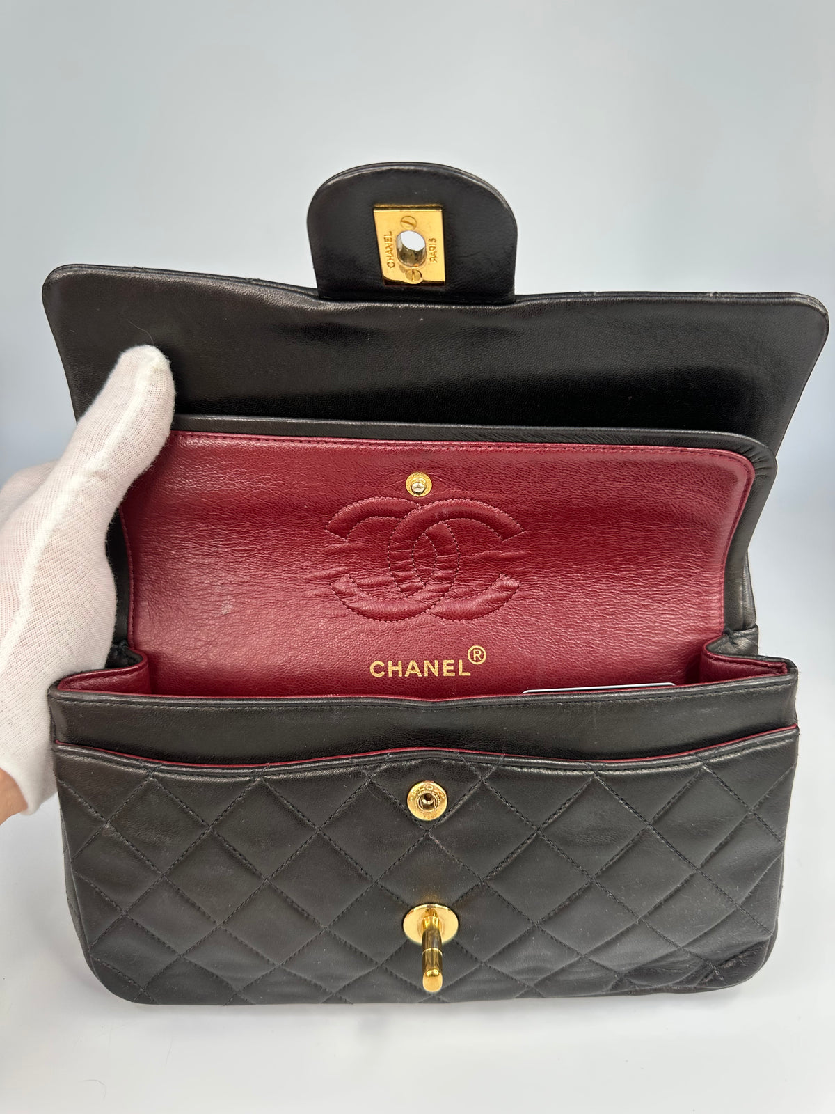 Chanel Black (Chocolate Brown Patina) Lambskin Small Classic Double Flap Bag