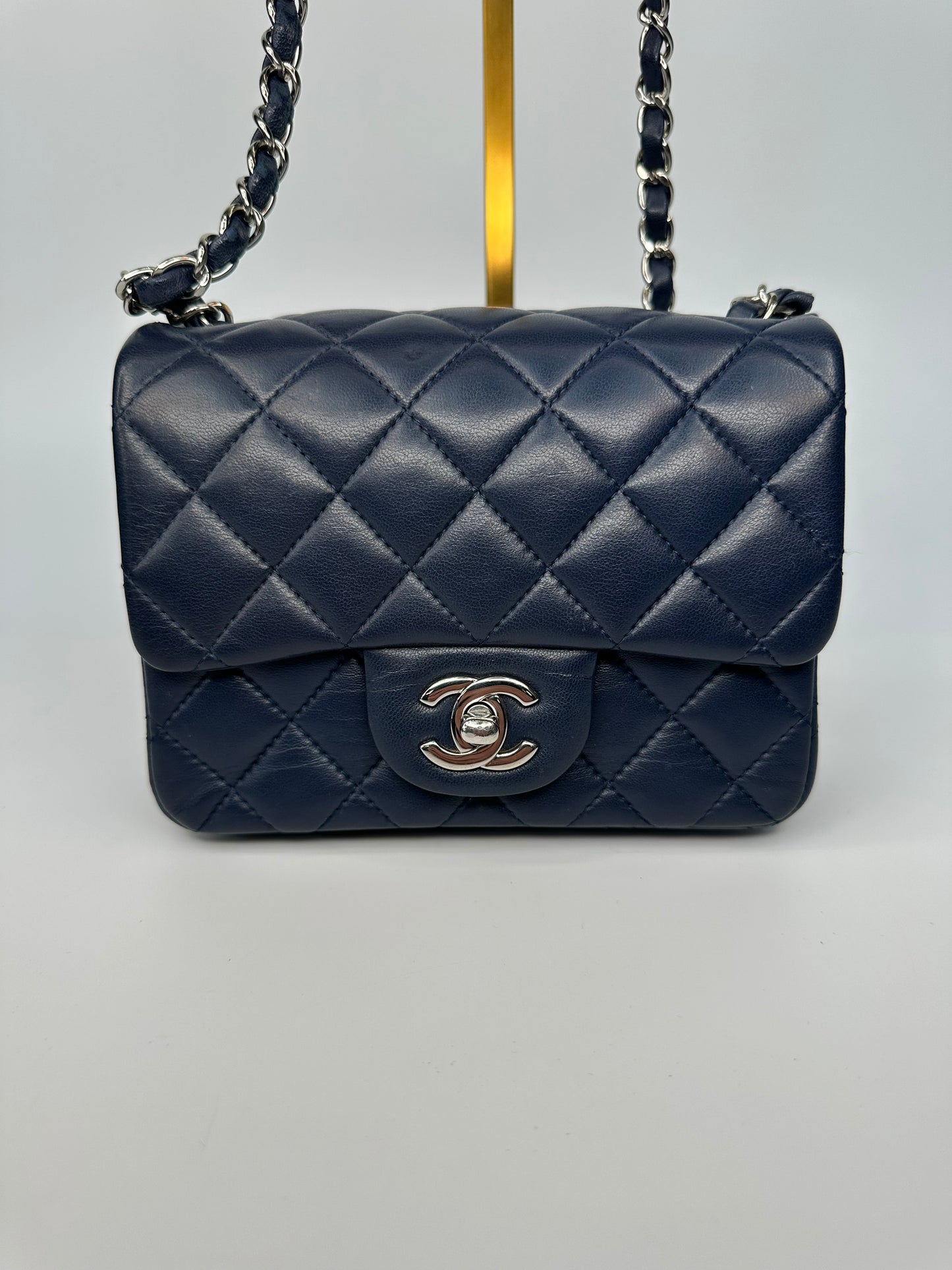 Chanel Mini Classic Square Single Flap Crossbody Lambskin Leather Navy Blue