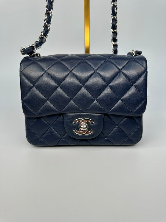 Chanel Mini Classic Square Single Flap Crossbody Lambskin Leather Navy Blue