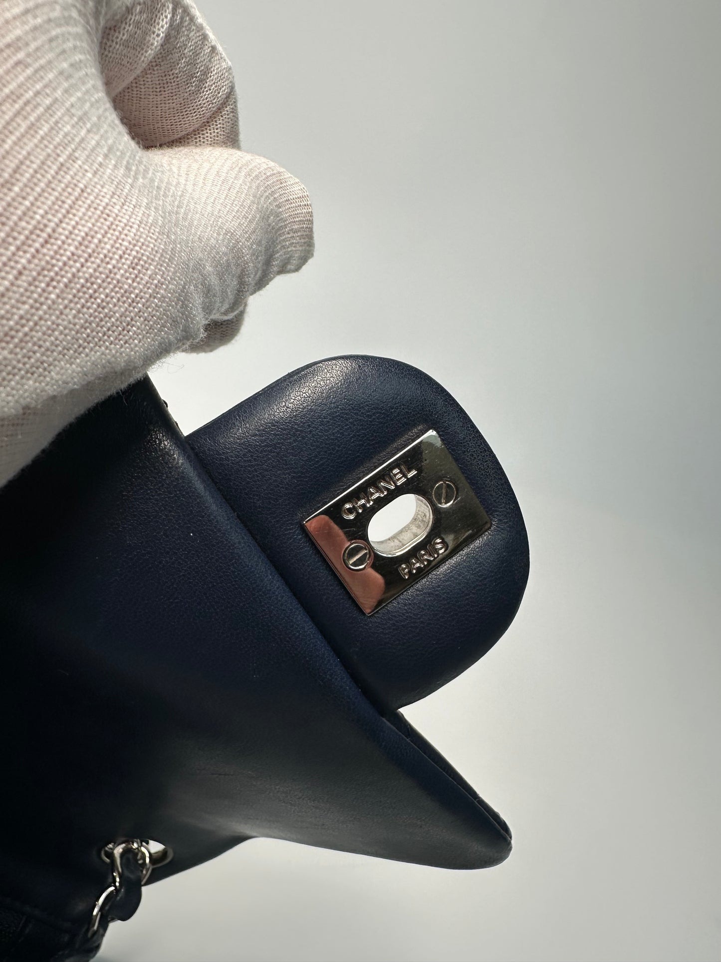 Chanel Mini Classic Square Single Flap Crossbody Lambskin Leather Navy Blue