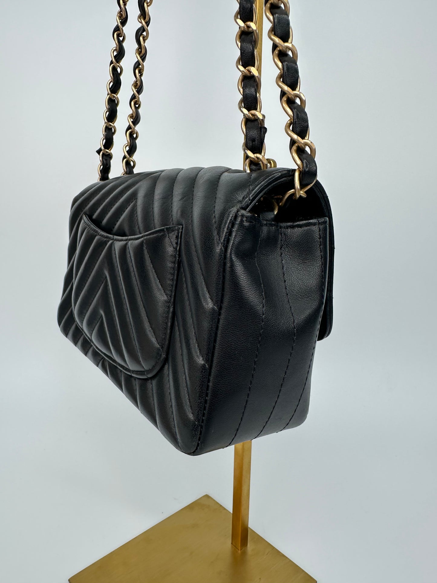 Chanel Chevron Single Flap Mini Black Leather Shoulder Bag