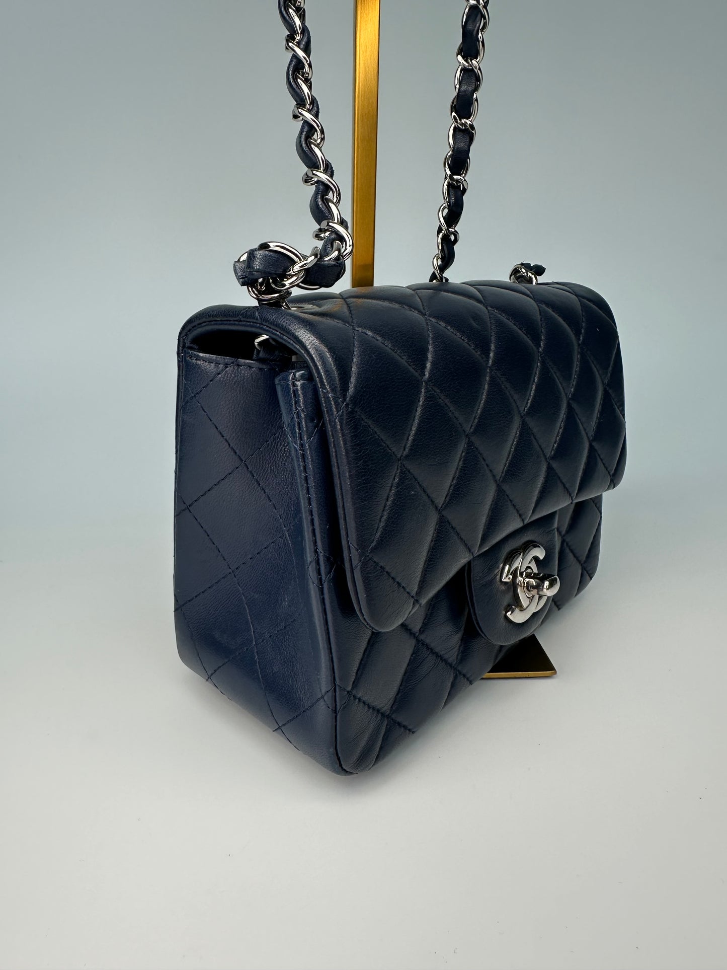 Chanel Mini Classic Square Single Flap Crossbody Lambskin Leather Navy Blue