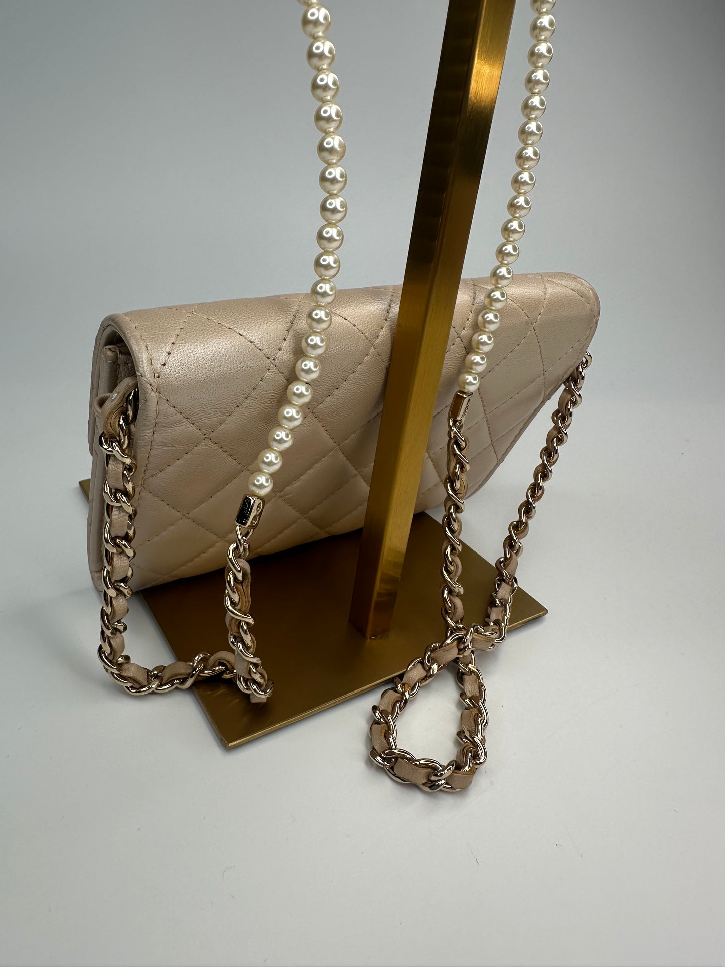Chanel Lambskin Quilted Pearl Clutch With Chain Bag