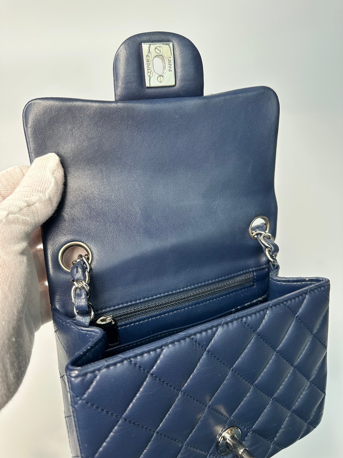 Chanel Mini Classic Square Single Flap Crossbody Lambskin Leather Navy Blue