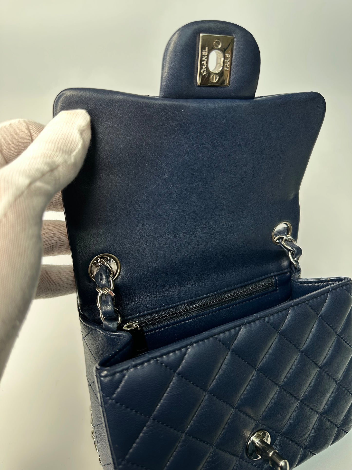 Chanel Mini Classic Square Single Flap Crossbody Lambskin Leather Navy Blue