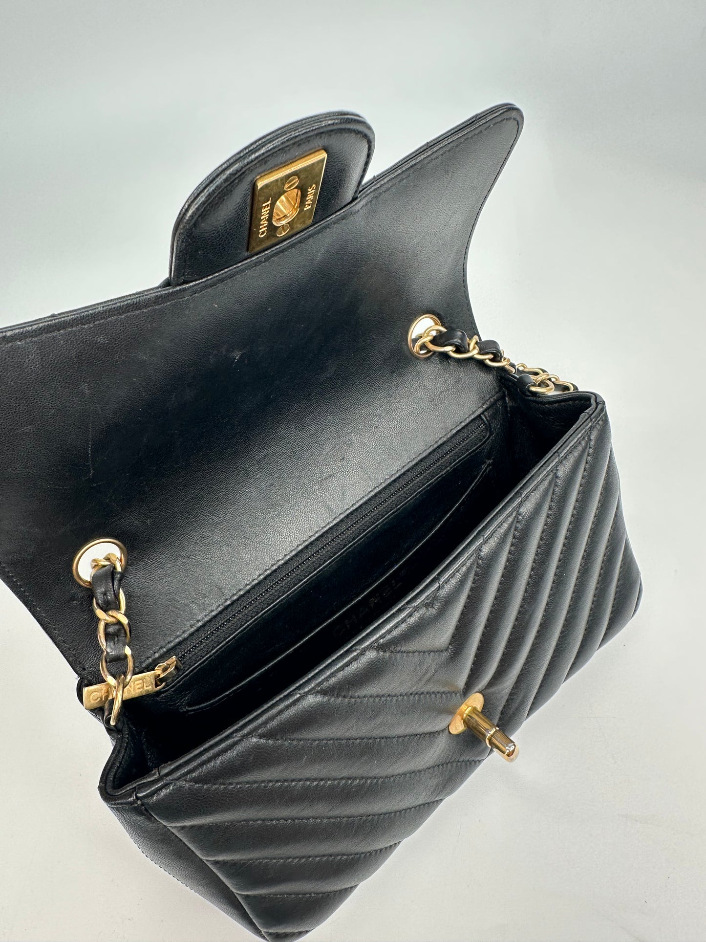 Chanel Chevron Single Flap Mini Black Leather Shoulder Bag