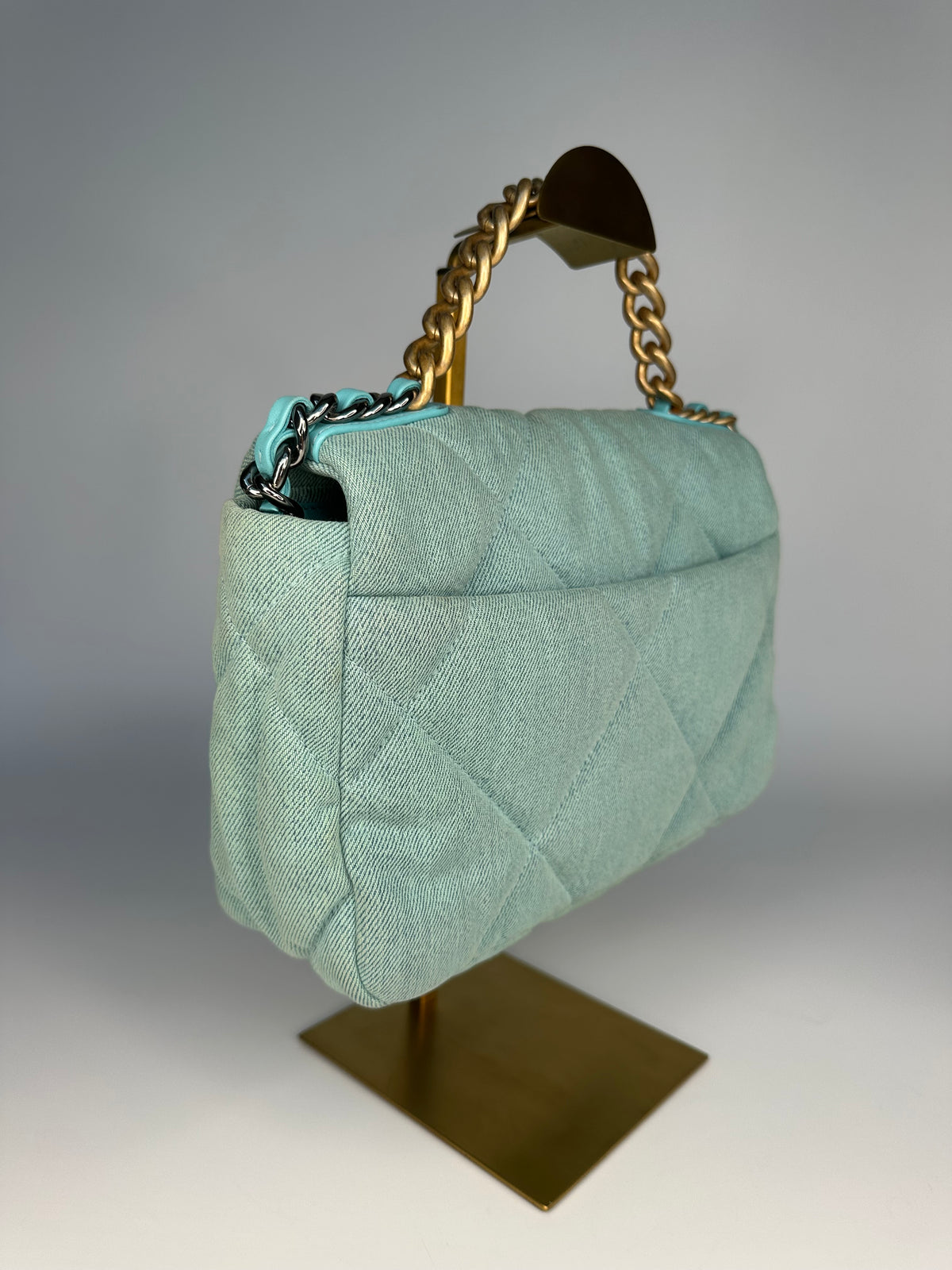 ChanelLight Blue Quilted Denim & Turquoise Lambskin Leather Small 19 Flap Bag