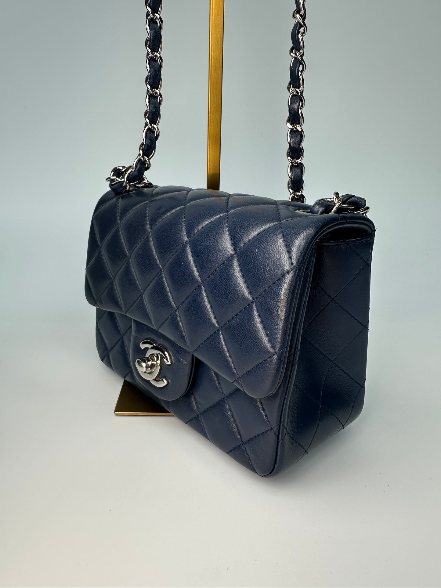 Chanel Mini Classic Square Single Flap Crossbody Lambskin Leather Navy Blue