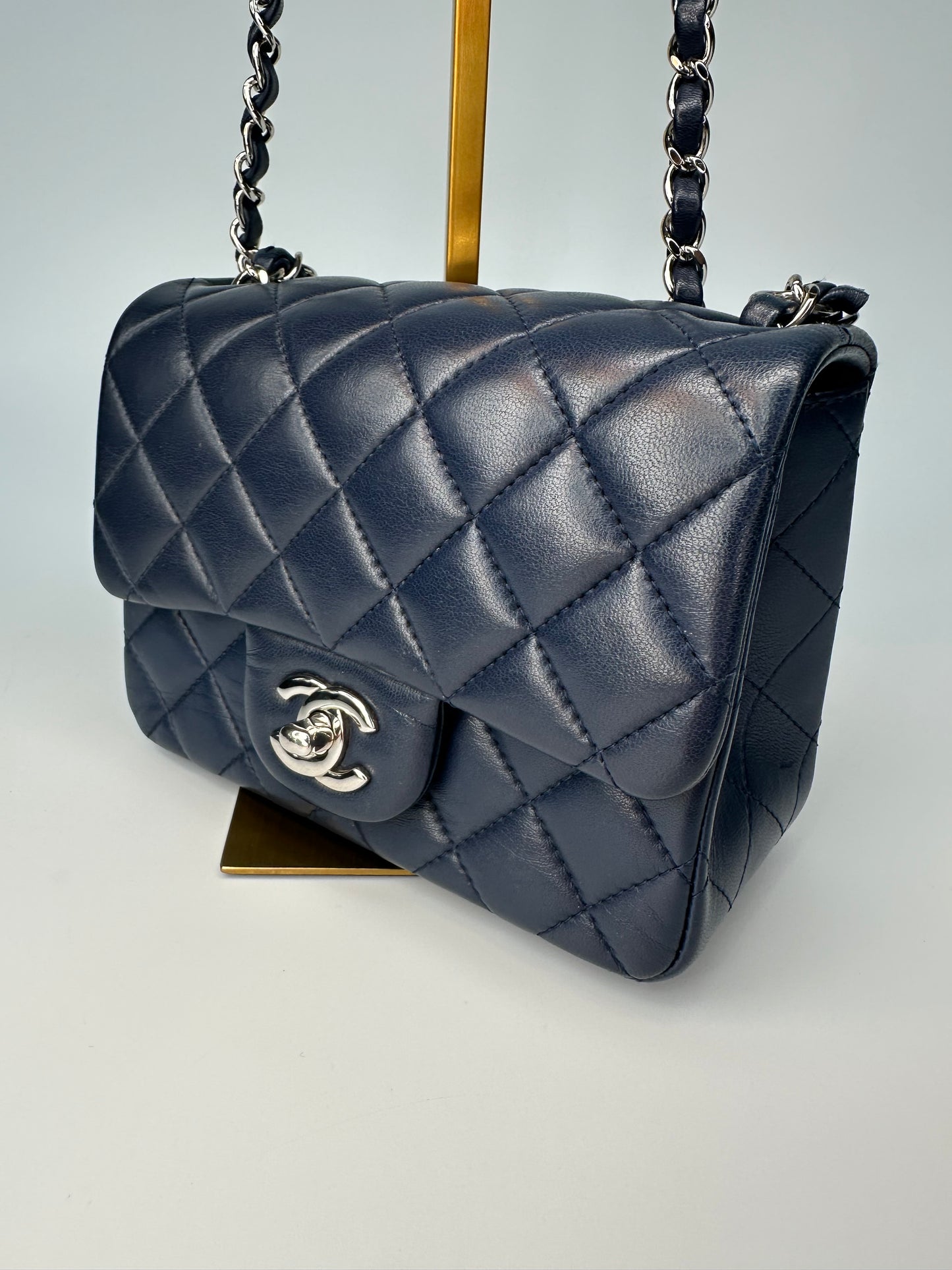 Chanel Mini Classic Square Single Flap Crossbody Lambskin Leather Navy Blue