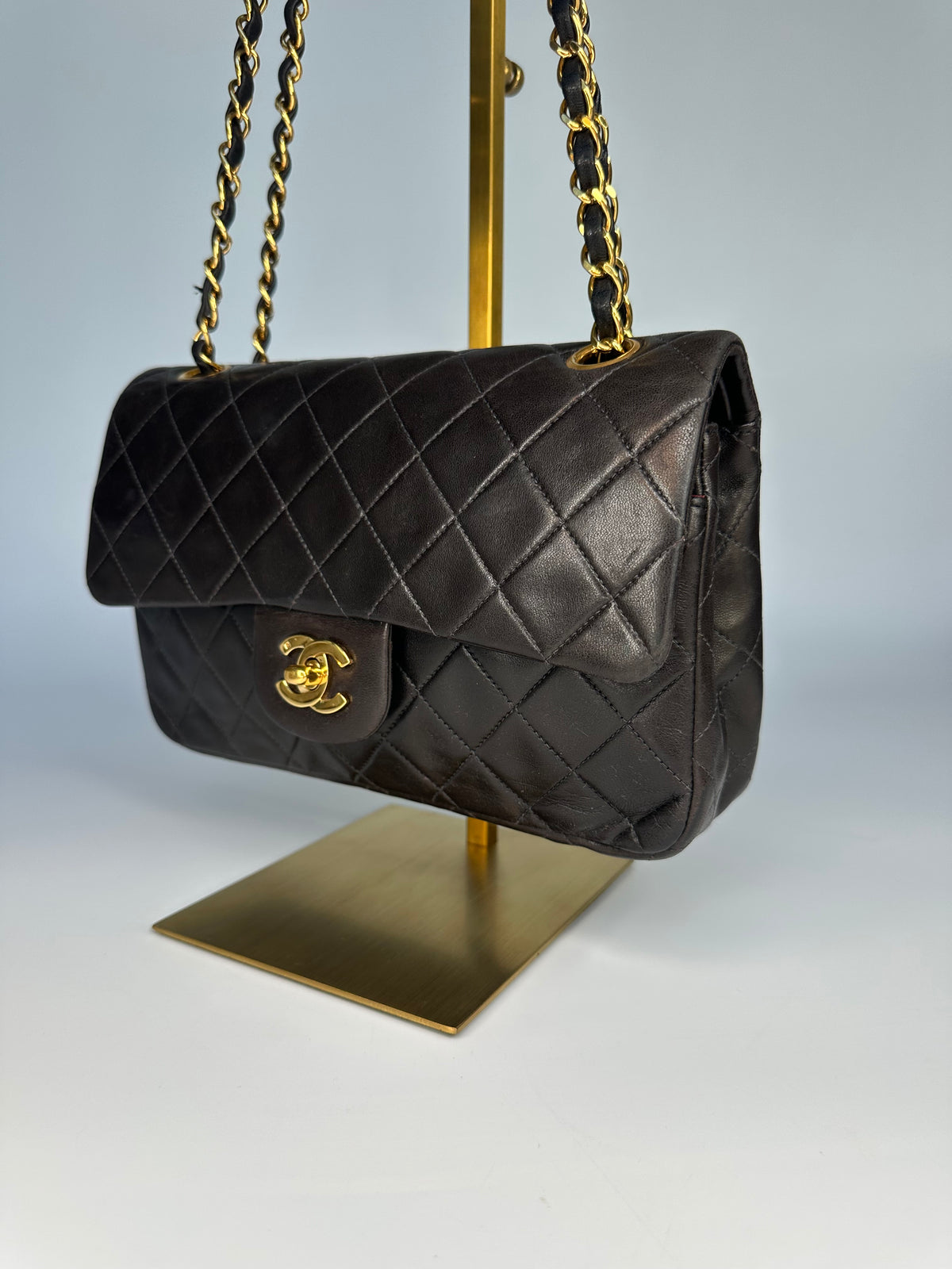 Chanel Black (Chocolate Brown Patina) Lambskin Small Classic Double Flap Bag