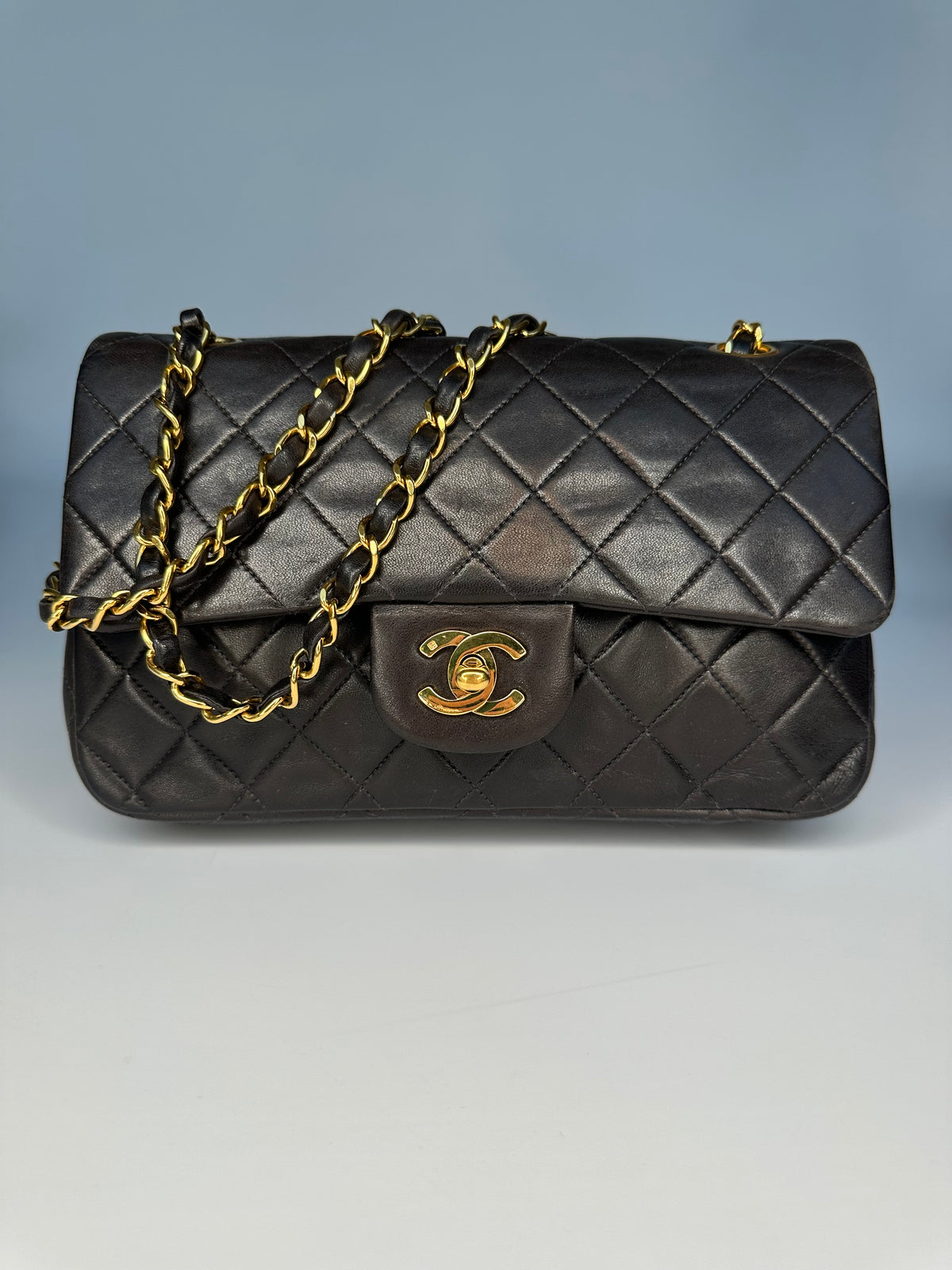 Chanel Black (Chocolate Brown Patina) Lambskin Small Classic Double Flap Bag