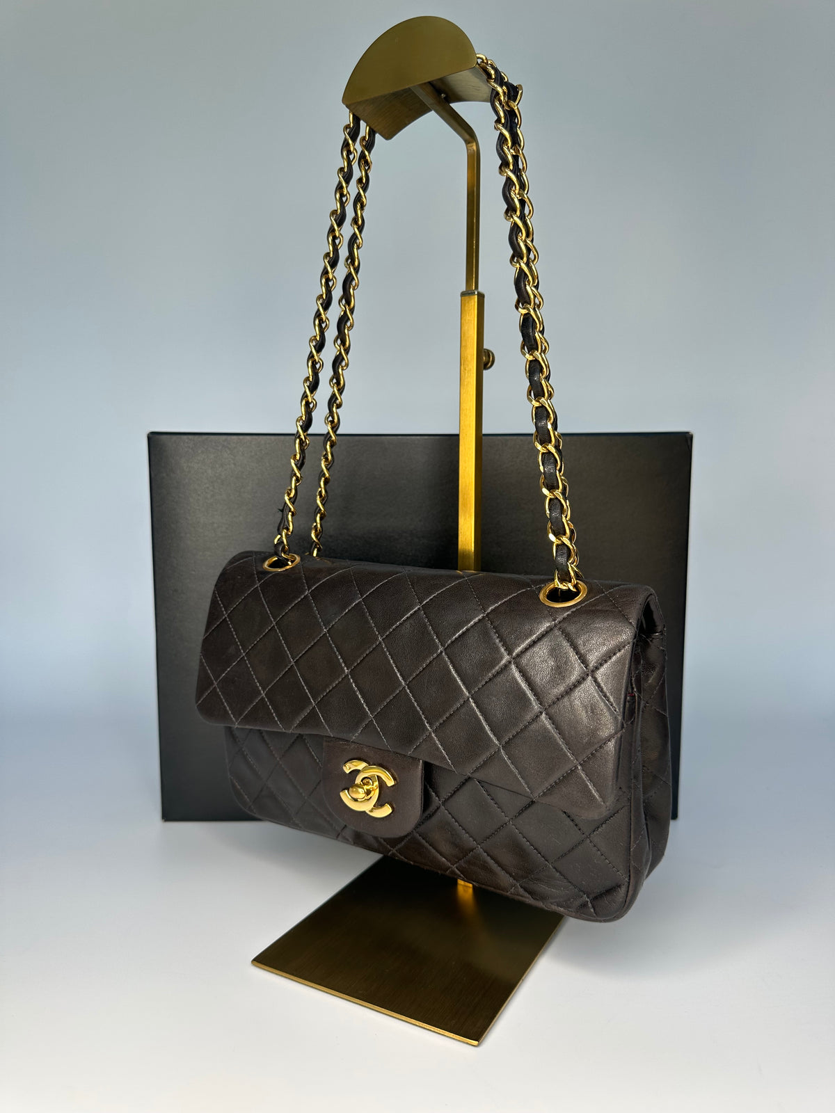 Chanel Black (Chocolate Brown Patina) Lambskin Small Classic Double Flap Bag