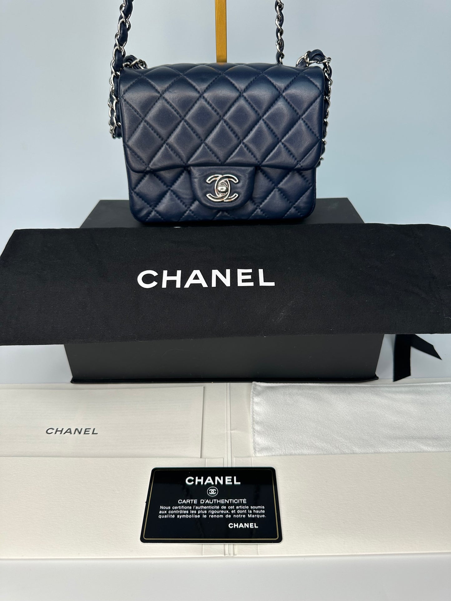 Chanel Mini Classic Square Single Flap Crossbody Lambskin Leather Navy Blue