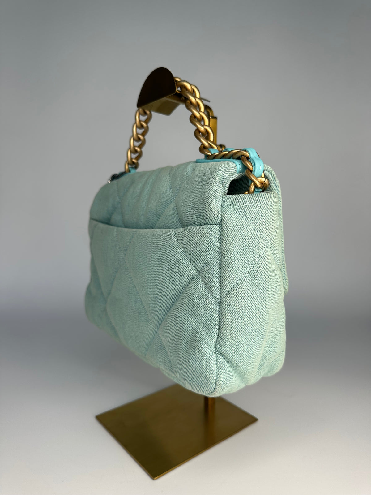 ChanelLight Blue Quilted Denim & Turquoise Lambskin Leather Small 19 Flap Bag