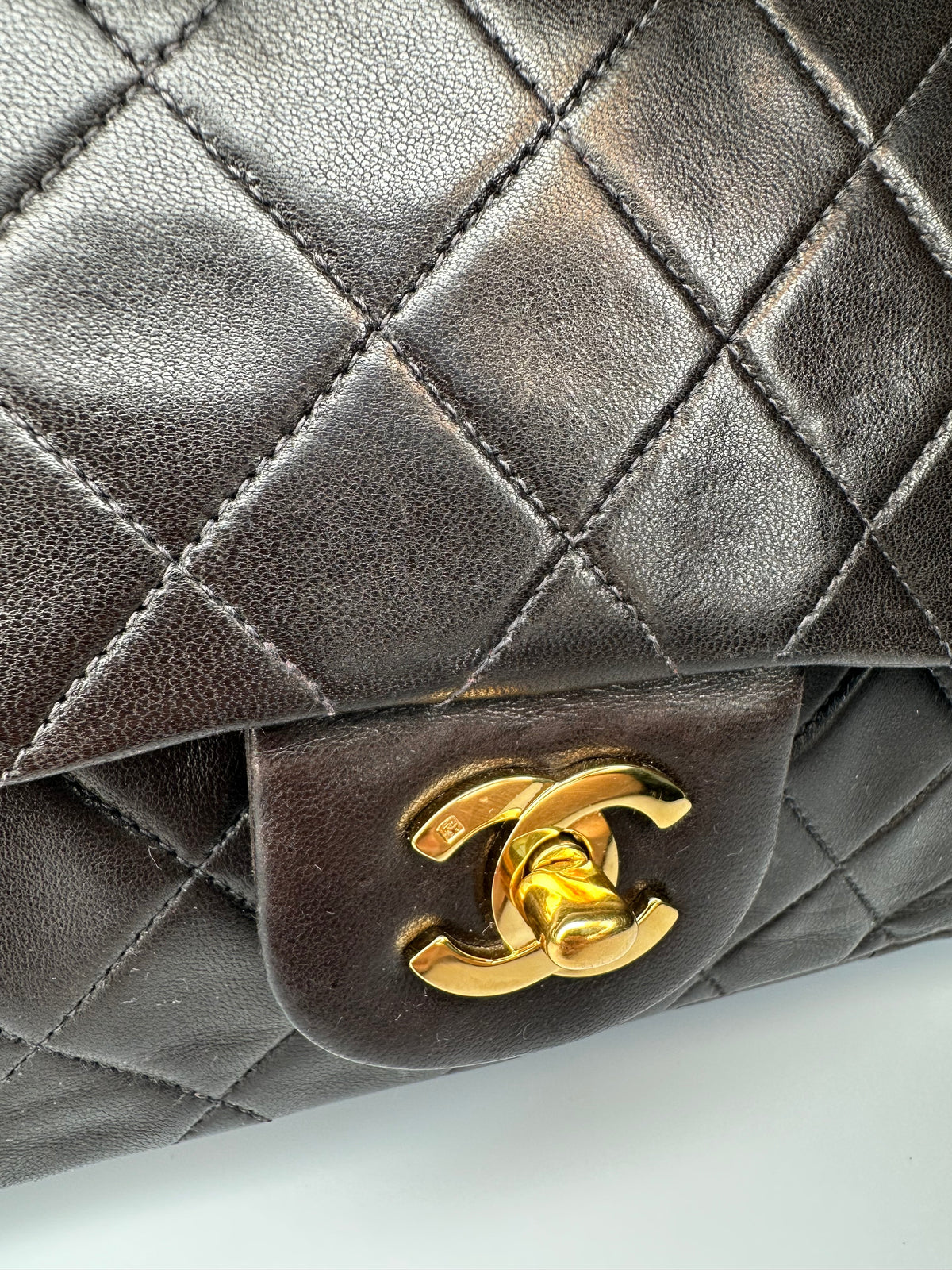 Chanel Black (Chocolate Brown Patina) Lambskin Small Classic Double Flap Bag