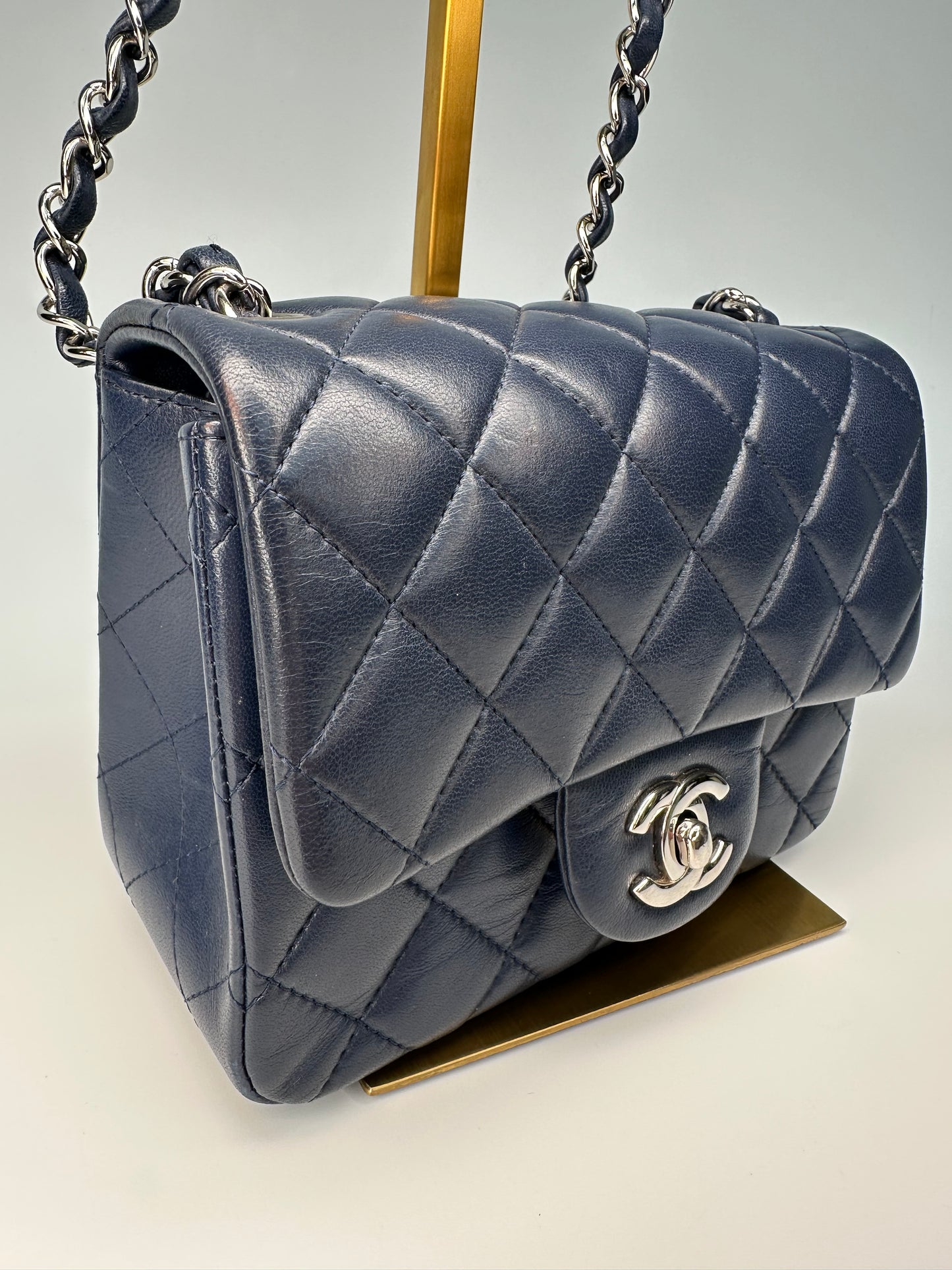 Chanel Mini Classic Square Single Flap Crossbody Lambskin Leather Navy Blue