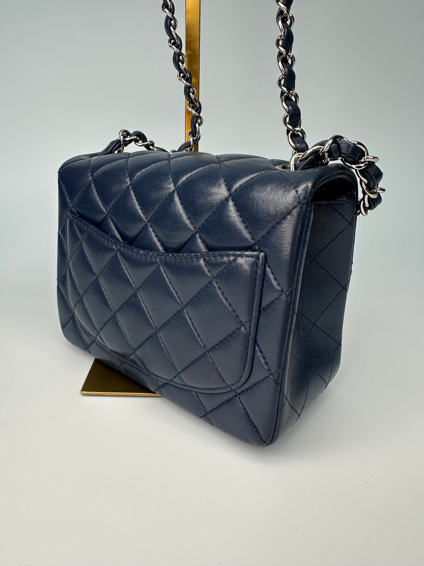 Chanel Mini Classic Square Single Flap Crossbody Lambskin Leather Navy Blue