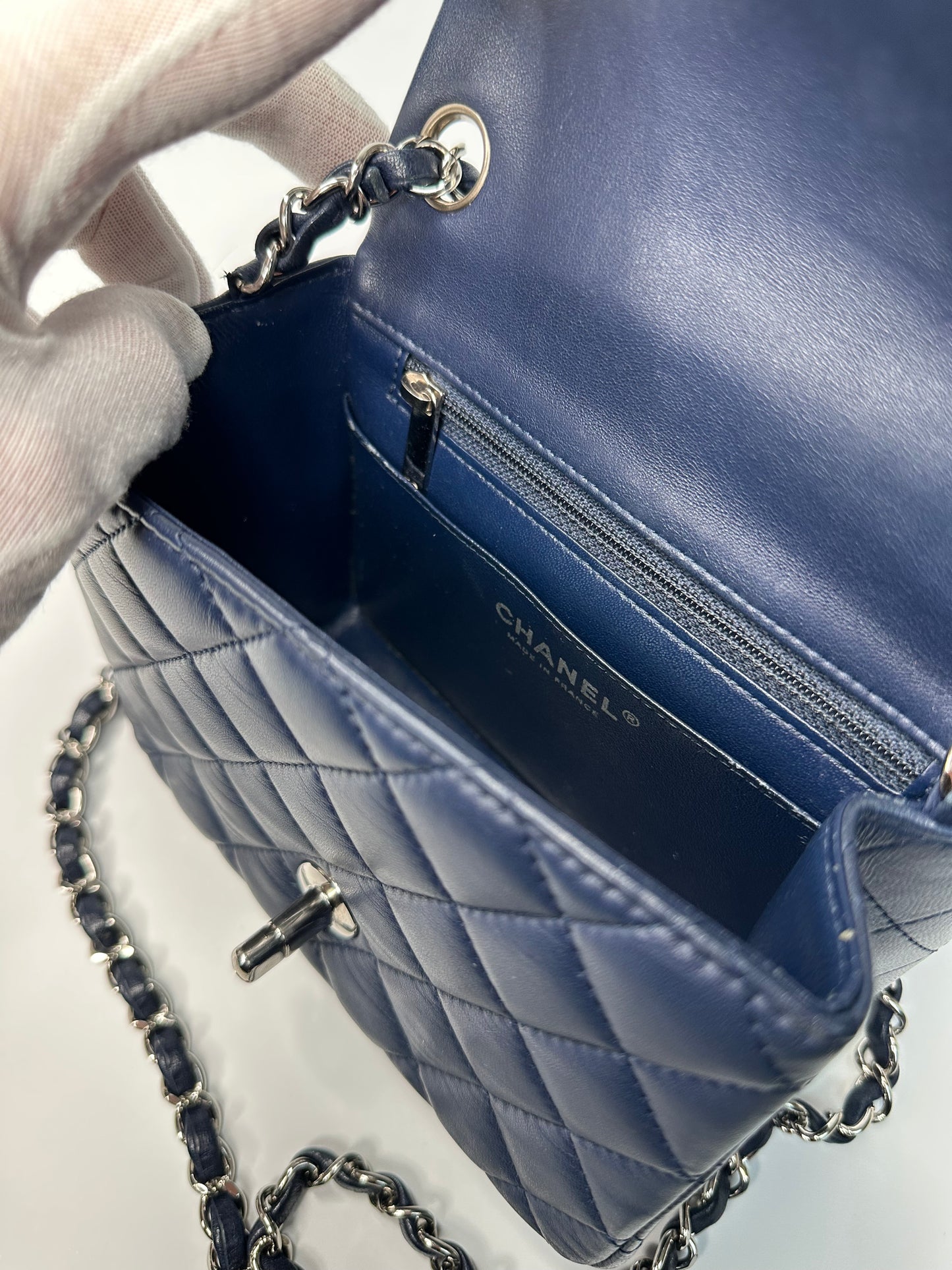 Chanel Mini Classic Square Single Flap Crossbody Lambskin Leather Navy Blue