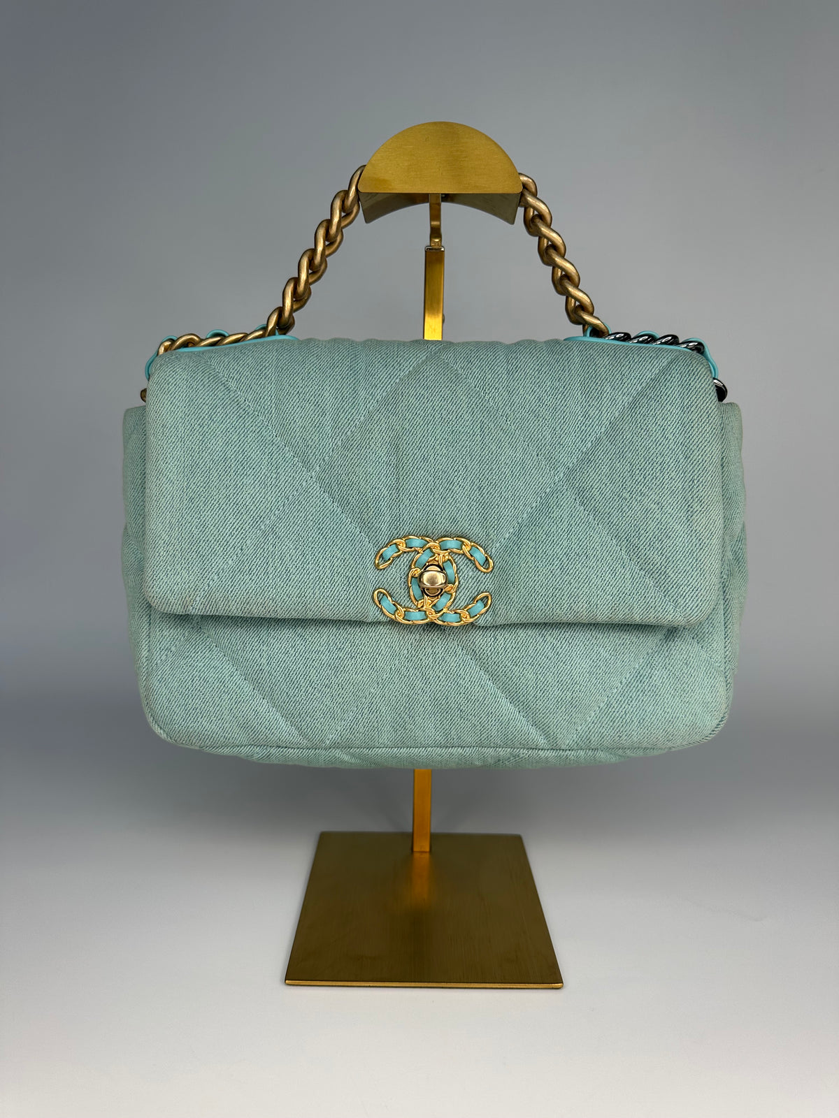 ChanelLight Blue Quilted Denim & Turquoise Lambskin Leather Small 19 Flap Bag