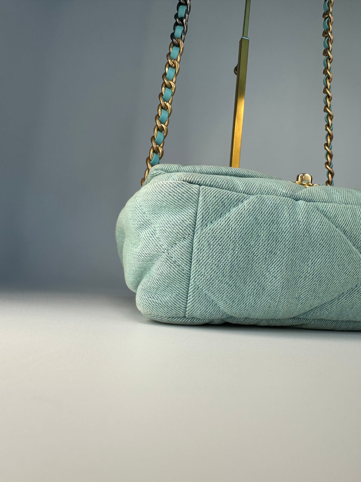 ChanelLight Blue Quilted Denim & Turquoise Lambskin Leather Small 19 Flap Bag